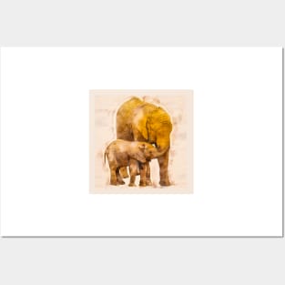 Mother Elephant and her Baby Posters and Art